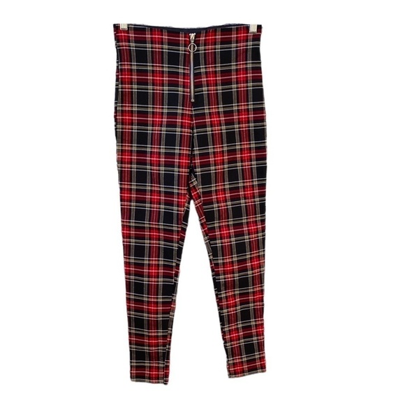 ZARA Tartan Plaid Pant Leggings Front Zip Elastic Waist Sz S - Picture 1 of 10